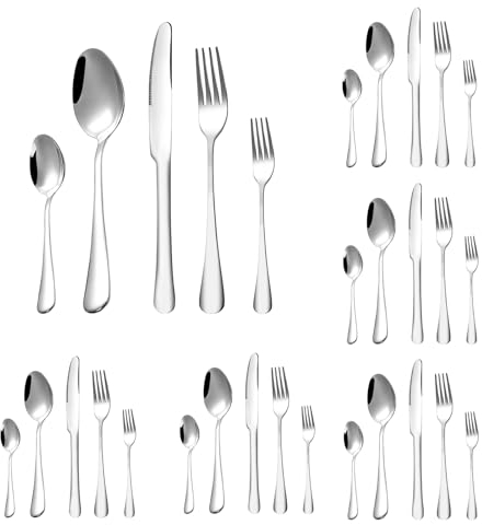 30 pezzi set posate in acciaio inox, set di posate con coltello da bistecca, posate con coltello, forchetta, ccucchiaio, finitura lucida lucida, lavabili in lavastoviglie, servizio da tavola per 6