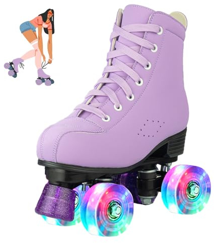 jessie Girls Roller Skates for Women, Microfiber Leather and Flash Wheels Purple Roller Skates Girls Ages 6-12 for Beginner Indoor Outdoor (Women's 5/ Youth 4)