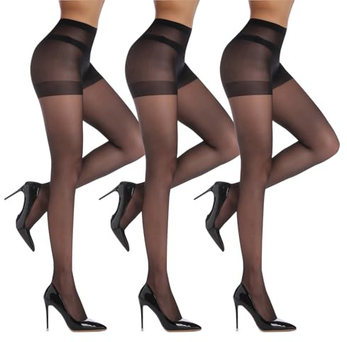 Amexo Lot de 3 Paires de Collants pour Femme 20 Deniers Control Top Sexy Transparents Noir (FR/ES, Alpha/lettres, M, Taille Normale)