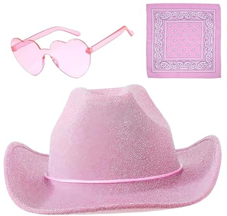 Cowboyhatt för damer, cowgirlhatt | glitterhattar cowboyhatt – 3 x gnistrande hattar partyhattar med brett brätte, västernhatt med bandana och glasögon, västerländska kostymtillbehör