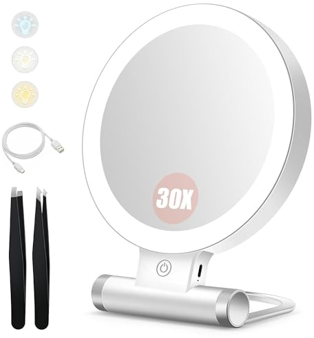 B Beauty Planet Sminkspegel med belysning, 30 gånger/1-vägs dubbelsidig bordsspegel, 3 färglampor, dimbar sminkspegel, resesminkspegel med belysning (vit 30 x sminkspegel)