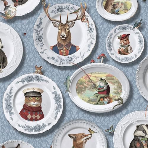 Quirky Framed Animals Vintage Tea Party Wallpaper Perfect for Bedrooms, hallways, Restrooms or Lounges in Soft Blue Holden 13941