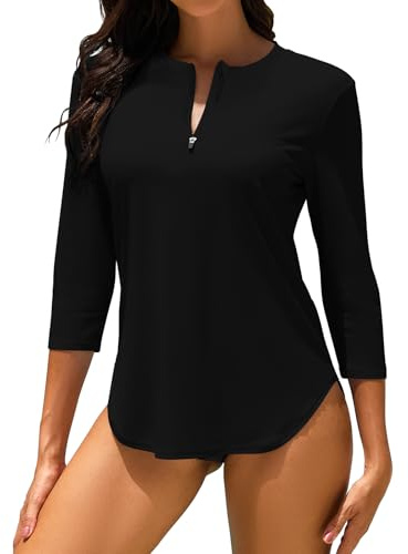WOWENY Haut de Maillot de Bain Tee Shirt Anti UV Femme Rashguard Manches 3/4 avec Fermeture Éclair 1/4 UPF 50+ Séchage Rapide pour Sports Nautiques Surf Plage