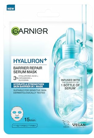 Garnier Hyaluron+ Barrier Repair Serum Mask, Hydrates and Repairs | Tissue Mask With Hyaluronic Acid and Ceramides, Intense Hydration, Skin Barrier Strengthening