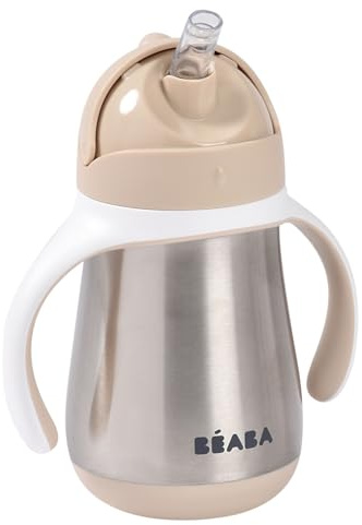 BÉABA, Baby Bottle/Training Cup/2-in-1 Stainless Steel Baby Bottle, Children's Straw Cup, 100% Leak-Proof, Easy to Open, Removable Handles, Stainless Steel Material, Healthy, Sturdy, 250 ml, Clay