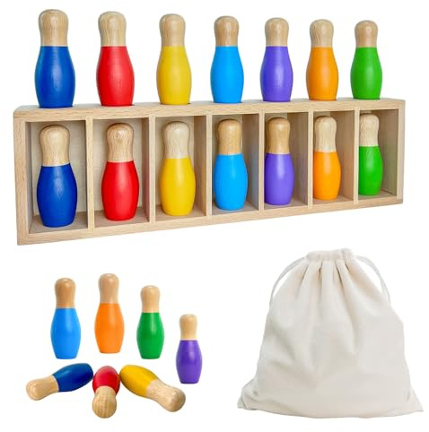 pamexin Family Games for Kids, Wooden Bowling Color Matching Game with 7 Bright Pins and Storage Bag, Family Board Games Party Birthday Gift, Fun Party Game for Boys Girls