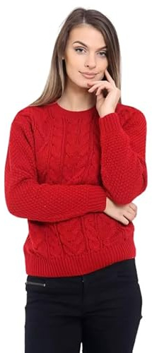 Ladies Cable Knit Jumper – Women’s Chunky Knitted Crew Neck Pullover Sweater, Oversized Warm Vintage Knitwear Top, Soft Long Sleeve Casual Winter Jumper Made in UK Red M-L