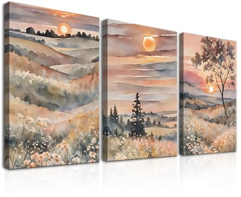 Dazzlewall 3Pcs Arte de Pared Floral en Acuarela, Impresión de Arte de Amanecer de Montaña de Flores Silvestres, Decoración de Pared de Paisaje de Atardecer para Sala de Estar, 30x40 cm Enmarcado