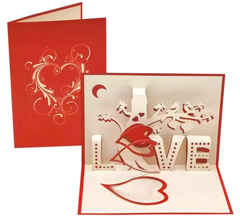 KUKUTrue® Tarjeta de Amor 3D, Nota de Amor Roja Plegable Pop-Up con Diseño Love y Corazón Fijo, Tarjeta San Valentin 3D, Tarjetas de Felicitación para San Valentín, Bodas, Aniversario