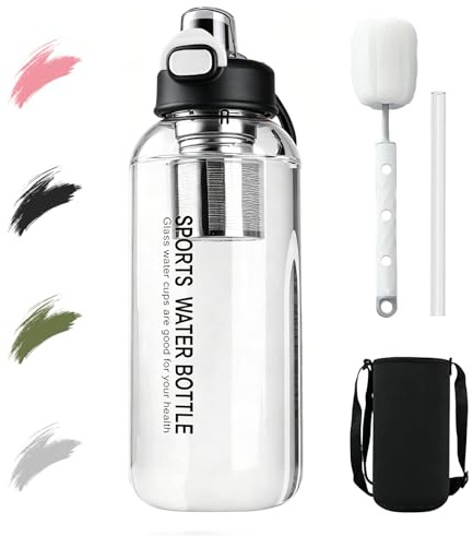 Vattenflaska glas, 1,5 liter med sugrör och tesil, stor borosilikat, glasflaska, läckagesäker, återanvändbar vattenflaska för sport, kontor, skola, fitness och camping (svart, 1 500 ml)
