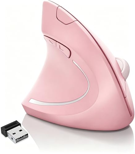 Lhome Vänsterhänt mus, 2,4 G USB trådlös ergonomisk vertikal mus, ergonomisk design, optisk modell, förebyggande mot musarm tennisarmbåge, för bärbar dator stationär dator etc (färg: rosa)