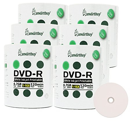 Smart Buy 600 Pack DVD-R 4.7gb 16x White Printable Inkjet Blank Media Record Disc, 600 Disc 600pk