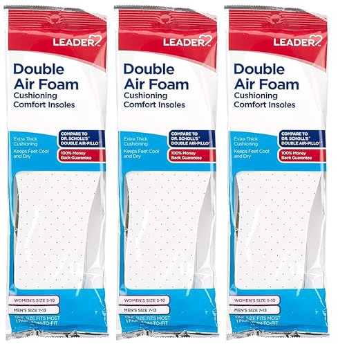 LEADER Double Air Foam Insoles, Keeps Feet Cool & Dry, Extra Thick Dual Layer, for Men & Women, One Size Fits Most, Trim to Size, Unisex, Compare to Dr. Scholls Air-Pillo, 1 Pair, Pack of 3