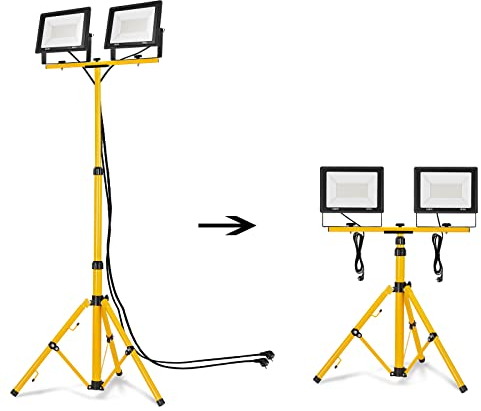 NAIZY Foco Proyector de Construcción LED Luces de Trabajo 100W*2 8500LM Proyector LED Blanco Frío con Trípode y Cable 3M, Reflector LED Luz de Trabajo IP66 para Garaje de Obra