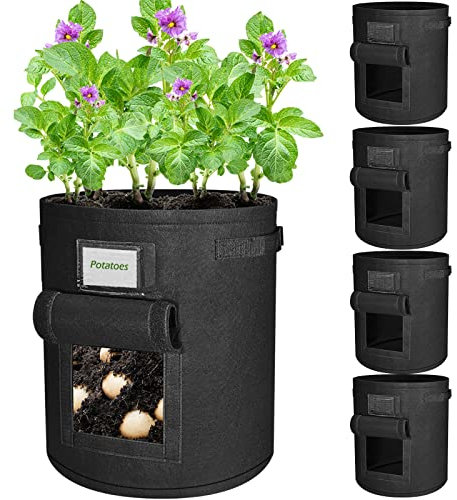 Plant Grow Bags,5 Pack 15 Gallon Plant Grow Bags for Vegetables, Breathable Potatoes Growing Bags with Handle, Thickened Large Non-woven Fabric Plant Growing Bags for Vegetables/Fruits/Flowers (Black)
