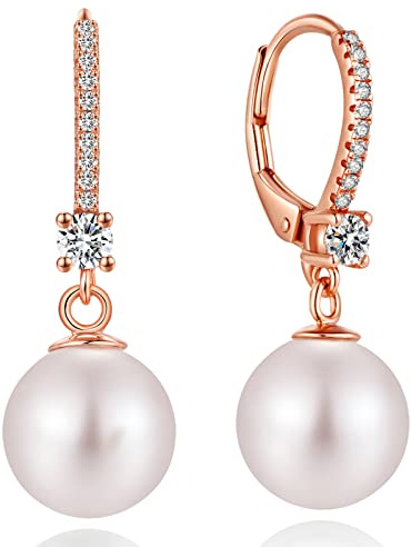 Orecchini Perle Donnain Argento Sterling 925 Leverback Orecchini Pendenti Perla Zrconi Diamantati Perle Gioielli Regali per Donne 10 mm Oro rosa