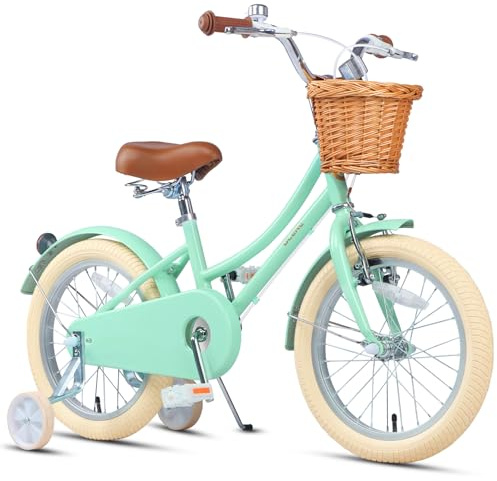 Glerc 16 pollici bambini ragazza bicicletta per 4 5 6 7 8 anni bambina retrò stile vintage biciclette con cestino ruote di allenamento e campana, verde menta