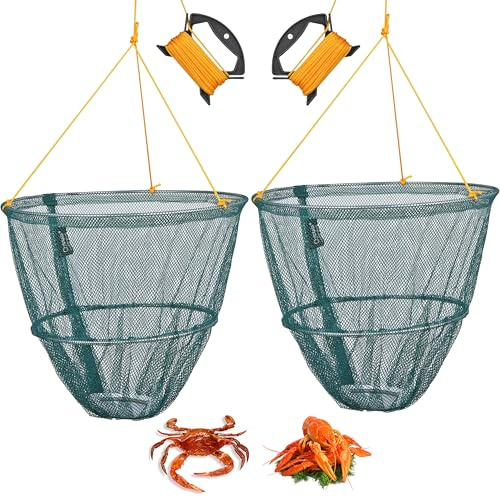 Crystals Crab Drop Net with Spring Loaded Bait Holder, 11m Rope with 30 cm Netting Trap, Bait Clip, Line Handle, Crab Fishing Net for Family Kids and Holiday Fun, Green – (Set of 2)