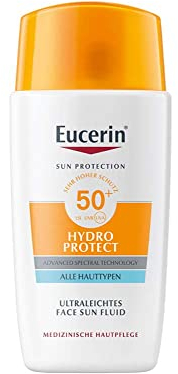 Eucerin Hydro Protect Fluido Ultra Leggero SPF 50+ 50 ml, Crema solare viso 50+ con filtri UVA/UVB, Protezione solare viso 50+ in fluido extra leggero adatto per per tutti i tipi ti pelle