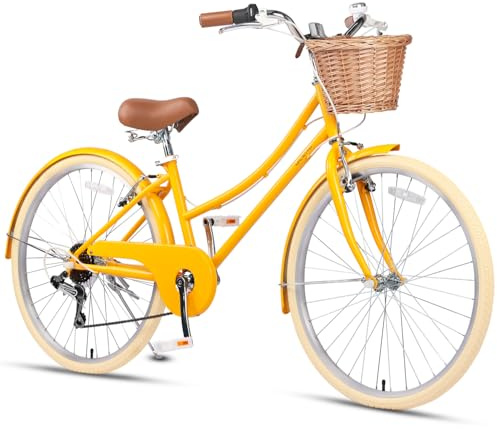 Glerc Missy 26 Bicicletta da ragazza Cruiser Gioventù Donna a 6 marce Teen Hybrid Bicicletta per ragazzi di età 14 15 16 17 18 19 20 anni con cestino di vimini e peso leggero, giallo