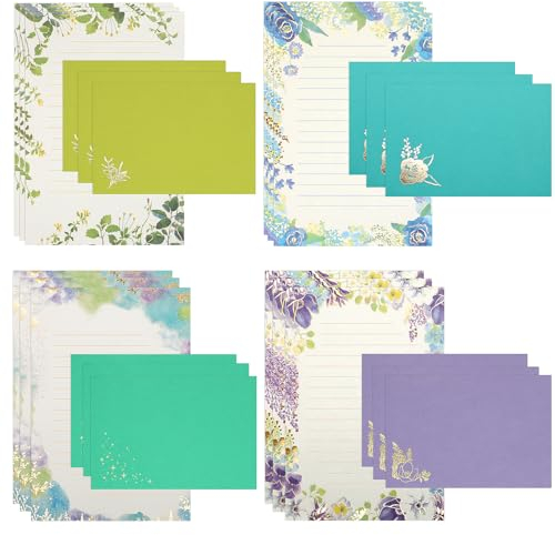 KSIWRE Briefpapier-Set, 24 Goldfolien-Stempelpapiere mit 12 Umschlägen, niedliches liniertes Schreibpapier, ideal für Liebesbriefe, Urlaubswünsche, Einladungen