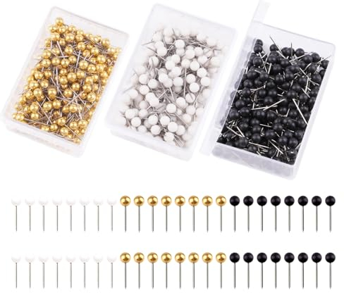 600 Stück Rundkopfnadeln Set, Bunt Map Pins, Karte Nagel Pinnadeln mit Aufbewahrungsbox, Landkarte Pinnadeln, Rundkopf Stecknadeln, für Map Pin-Nadeln, Cork Board, DIY(Gold, Schwarz, Weiß)