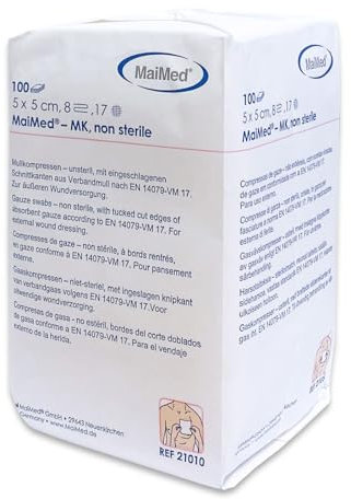 Unsterile Mullkompressen 5x5 cm - 100 Stück Kompressen unsteril - 8 Lagen - Wundauflagen nicht wundverklebend