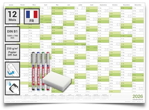 Calendrier mural effaçable DIN B1 100x70 cm 2026 – planner annuel réinscriptible plastifié, enroulé – avec 4 marqueurs et 1 éponge – version française – Kalenderoutlet®