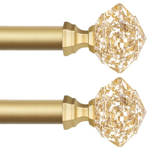 TONIAL 2 Pack Curtain Rods 32 to 58 Inch, Telescoping Splicing 3/4 Single Rods for Windows 20 to 53 Inch, Decorative Drapery Rod with Translucent Diamond Finial, Luxury Gold