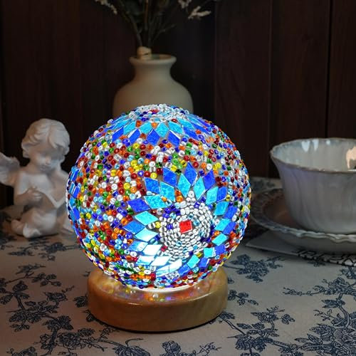 HyDlan Nachttischlampe Glas-Patchwork-Tischlampe, Boho-Stil (15.5 x 12.5cm), USB Stromanschluss Vintage Deko Schreibtischlampe, für modern Deko Schlafzimmer Nachtlampe, Wohnzimmer (Boho-Blau)