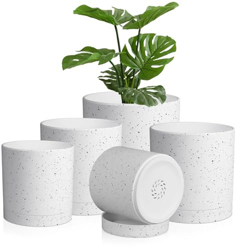 Homeuouz 5 Packs Blumentopf mit Untersetzer, 17.8/15.2/14/12.7/10.2cm Pflanzentopf, Plastik Übertopf, Hydrokultur Topf, Blumentöpfe Set Ideal für Innen und Balkongärten, Weißes Spray