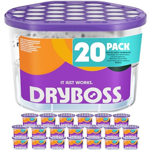 DRYBOSS Pack x 20 Deshumidificador Absorbente Anti Humedades de Armarios, Interior Casa, Cajones, Habitacion, Pared, Coche. Quita Olores y Absorbe Humedades. Previene Condensación. Antihumedad (20)