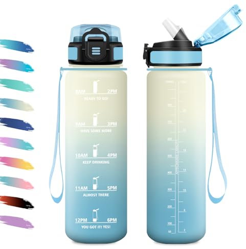 Bouteille d'eau Sport 1L, Gourde Marqueur de Temps, Gourde Motivation avec Filtre, Bouteille d'eau Anti-Fuite, Reutilisable pour Randonnée, Cyclisme, Bureau, Extérieur, Camping, Voyage, Fitness