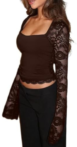 Women's Lace Trim Square Neck T Shirt Y2K Long Bell Sleeve Slim Fit Basic Crop Tops Blouse Fairy Aesthetic Tee Shirts Streetwear (B-Coffee, S)