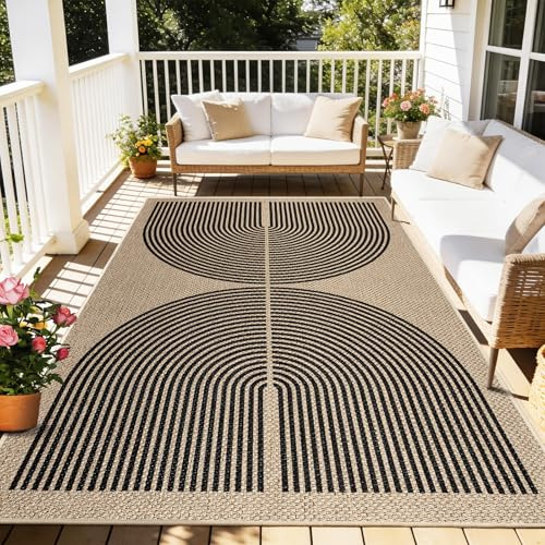 Capslpad Outdoor Teppich 160x230cm, Jute Aussehen Wetterfest, rutschfest Flachgewebe Waschbar Teppiche, Robust Küchenteppich für Wohnzimmer, Balkon, Terrasse, Küche, Garten, Farbe:Schwarz