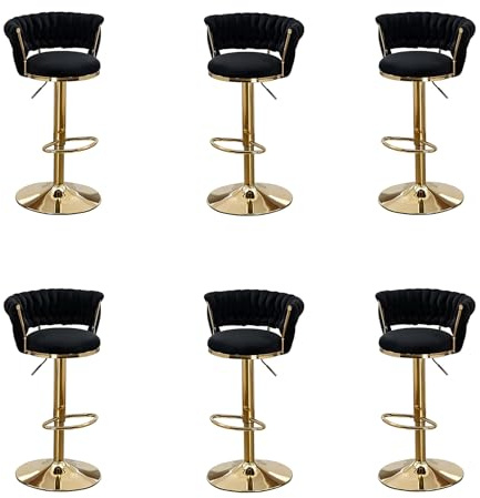 Juego de 2 Taburete de Bar, Taburetes Cocina Terciopelo con Respaldo ,Silla de Bar Altura Ajustable, Taburete Alto Rotación de 360° con reposapiés para Cafetería/Isla de Cocina,Negro,Set of 6