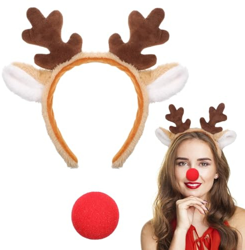 Zimocepuz renhorn huvud, renhorn diadem med horn och röd näsa, juldiadem för vuxna, halloween, jul, djur, cosplay, fester