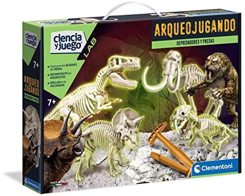 Clementoni-55110 - Arqueojugando Depredadores y Presas - Juego científico para excavar y Montar Dinosaurios a Partir de 7 años