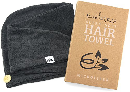 Evolatree Microfiber Hair Towel Wrap for Women – Quick-Dry Anti-Frizz Hair Turban with Wooden Button, Designed in Canada for Mindful Hair Care – Raven Dark Gray