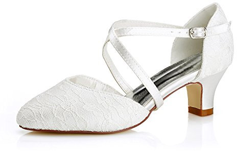 Mrs White 00967 Chaussures de Mariée pour Femmes Bout Fermé 5cm Escarpins en Dentelle à Talons épais Chaussures de Mariage, 40 EU