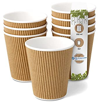 BIOZOYG 25x gobelets jetables isothermes 250 ml / 10 oz, Ø 90 mm blanc/brun - gobelet carton à double couche et sans plastique et - gobelet cafe