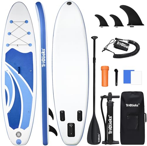 Triclicks 10ft Stand Up Paddle Boards Inflatable SUP Board Surfboard - Beginner's Kit. Adjustable Paddle, Air Pump With Pressure Guage, Fin, Repair Kit, Premium Leash & Rucksack (Style 7)