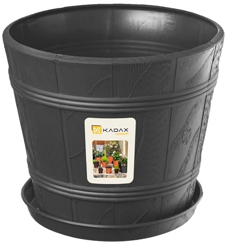 KADAX Blumentopf, Blumenkübel mit Untersetzer, Pflanzkübel für Innen- und Außenbereiche, Holzoptik, wetterfester Pflanztopf aus Kunststoff, Übertopf für Blumen, Garten, Balkon (Ø 34 cm, Grafit)