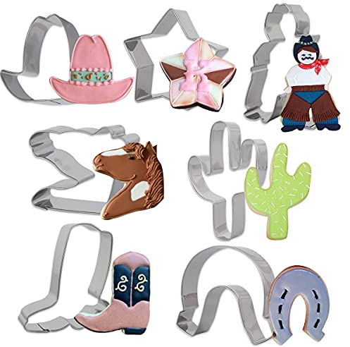 Fangleland Western Cookie Cutters, 7 Pack Baking Molds Stainless Steel Biscuit Sandwich Cake Cutter Set for Cowboy Cowgirl Birthday Baby Shower Party Supplies Favors