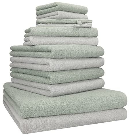 Betz 12 TLG. Handtuch Set Berlin 100% Baumwolle 2 Liegetücher 4 Handtücher 2 Gästetücher 2 Seiflappen 2 Waschhandschuhe Farbe Jade - Silbergrau