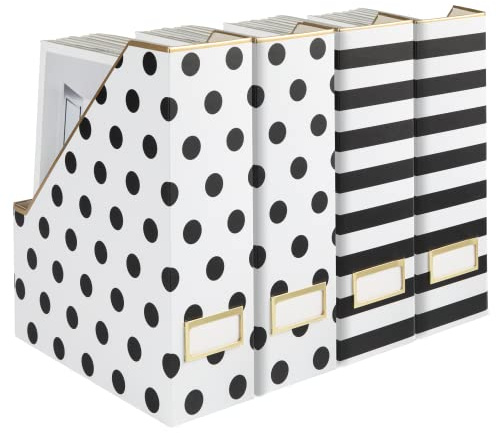 BLU MONACO Set of 4 Stylish Magazine File Boxes - 2 Black and White Stripes and 2 Polka Dots - Office Organization and Storage, Paper Organizer for Desk - Workspace and Classroom Organization