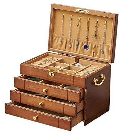 BinOxy Portagioie Portagioie in legno classico ed elegante Scatola portaoggetti a cassetto multistrato con serratura Portagioie da tavolo da donna di grande capacità Porta Gioie