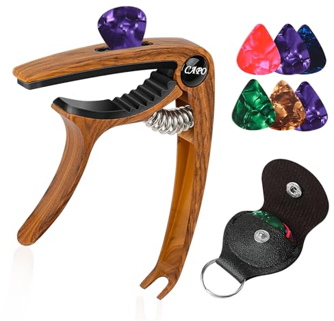 Kapodaster für Gitarre Capo mit 6 Plektren Einhand-Gitarren-Kapodaster Classical (Holzfarbe)
