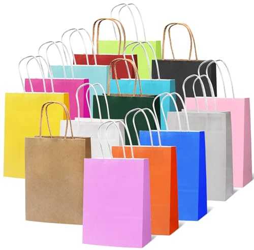 Sacs Cadeaux Multicolores avec Anse 15 Pièces, Sacs en Papier Kraft pour Fêtes de Noël, Mariages, Anniversaires, Célébrations, Bonbons, DIY (21x15x8cm)