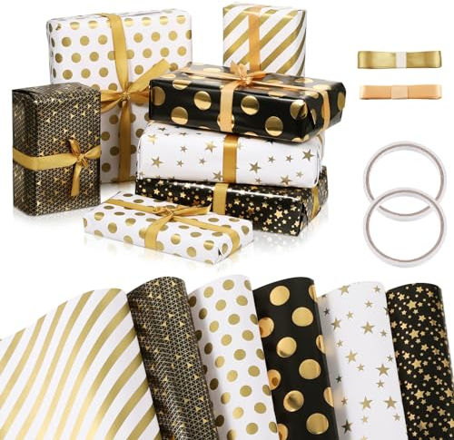 Livdouyu Geschenkpapier Geburtstag, 6 Pcs Gold Geschenkpapier Kinder Schwarz Geschenkpapier DIY Geschenkpapier Weihnachten Set zum für Geburtstag Weihnachten jeden Anlass(70X50cm)